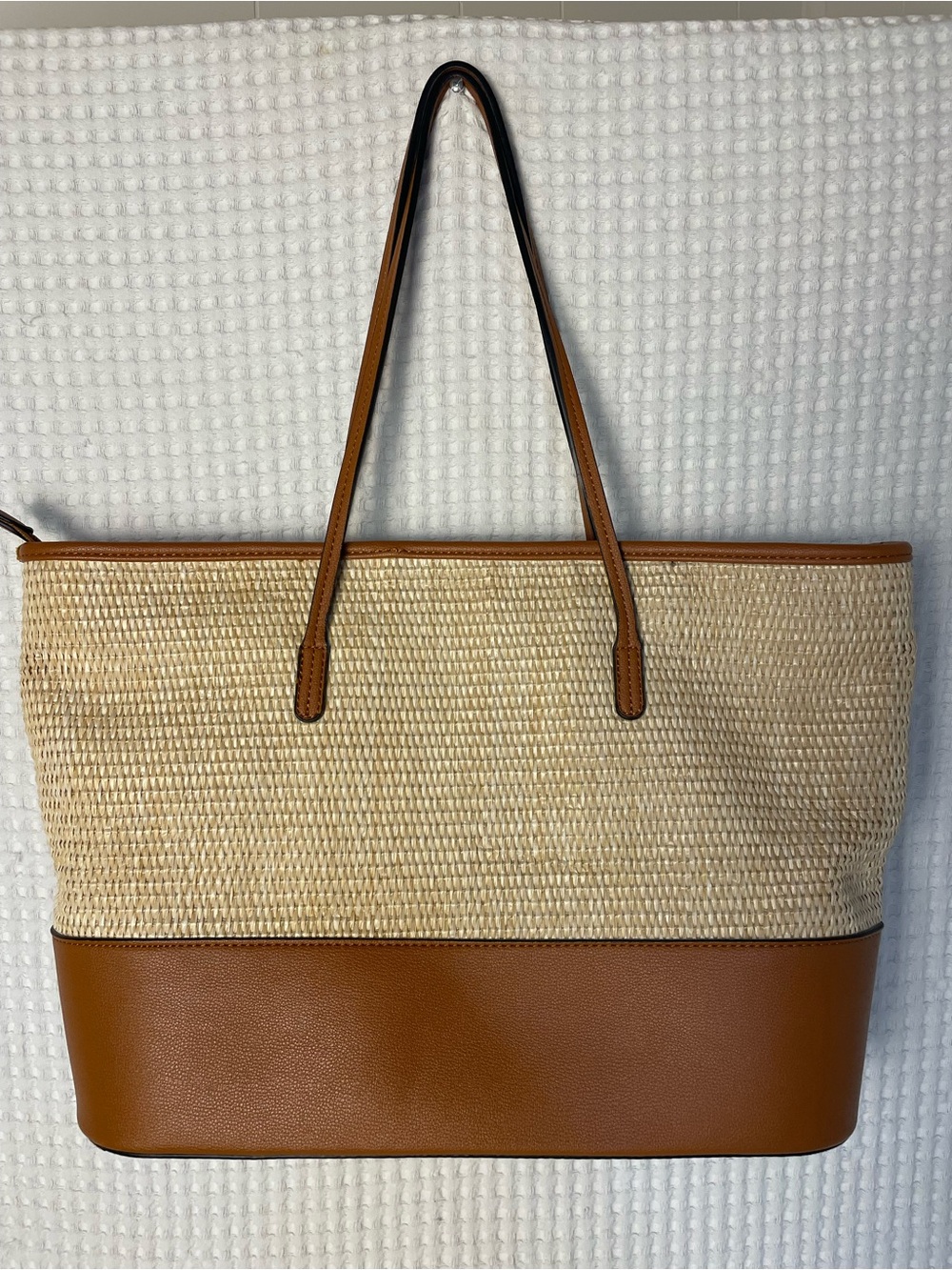 Izzy & Ali Woven Straw Vegan Leather Trim Tote Bag